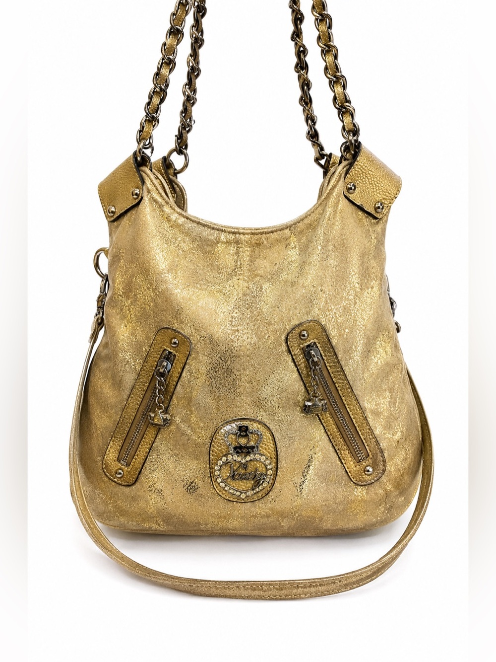 Kathy Van Zeeland Gold Metallic Shoulder Bag Studded Glam Purse Slouchy Tote Vtg